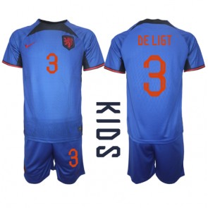 Lacne Dětský Futbalové dres Holandsko Matthijs de Ligt #3 MS 2022 Krátky Rukáv - Preč (+ trenírky)
